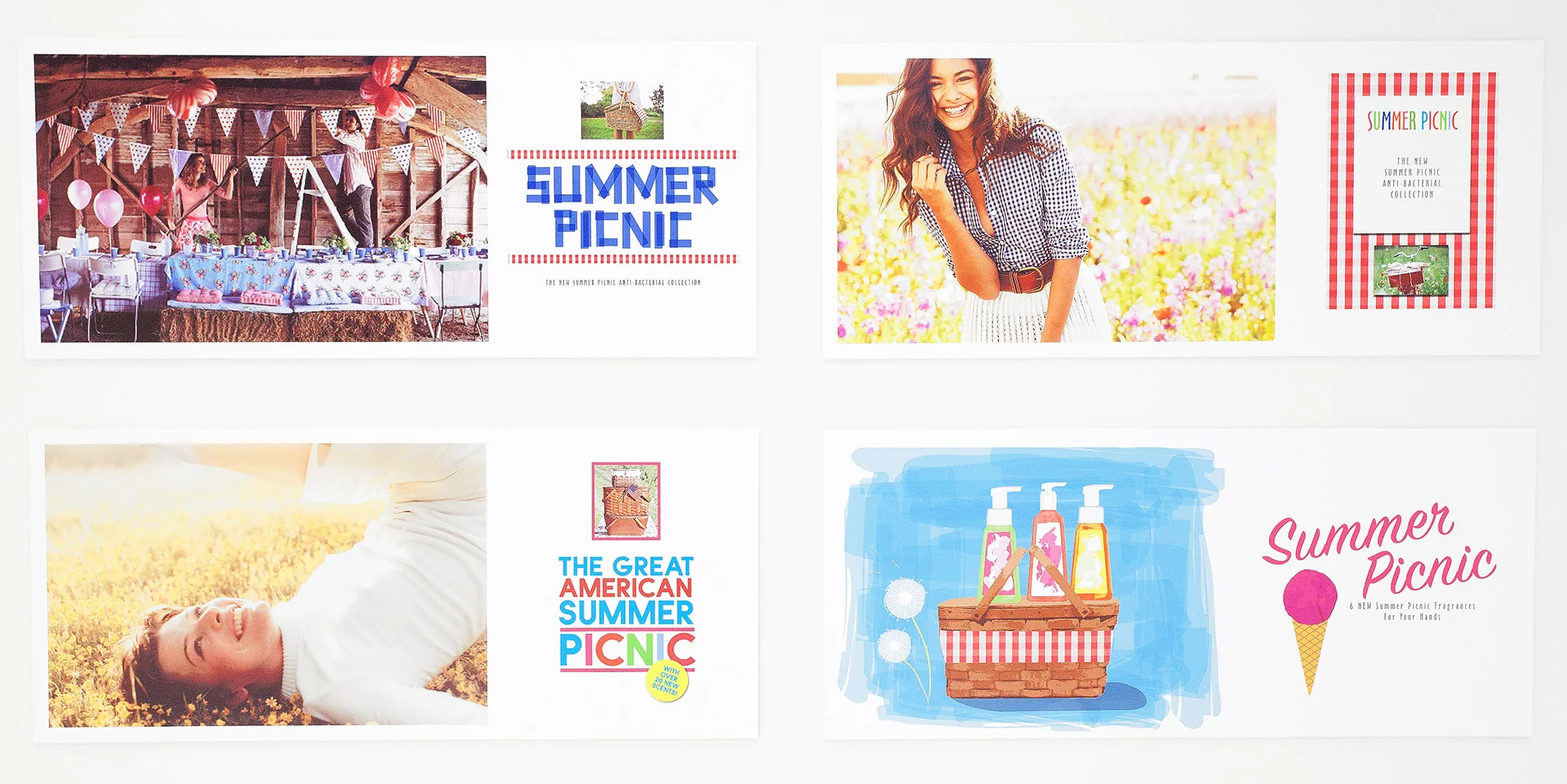 The concept board, four routes for the campaign presented as photograph and logotype pairs