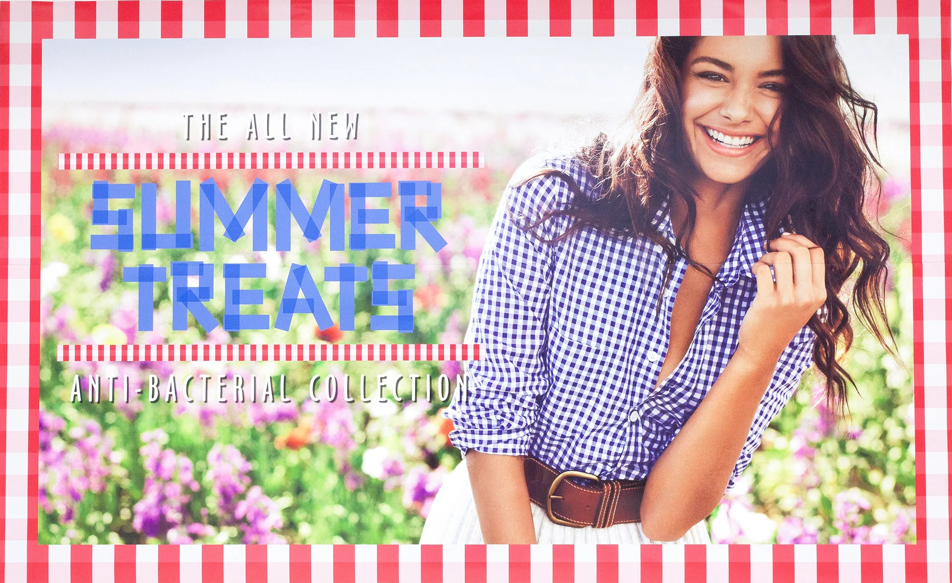 The campaign banner, SUMMER TREATS built from torn blue tape between gingham rules