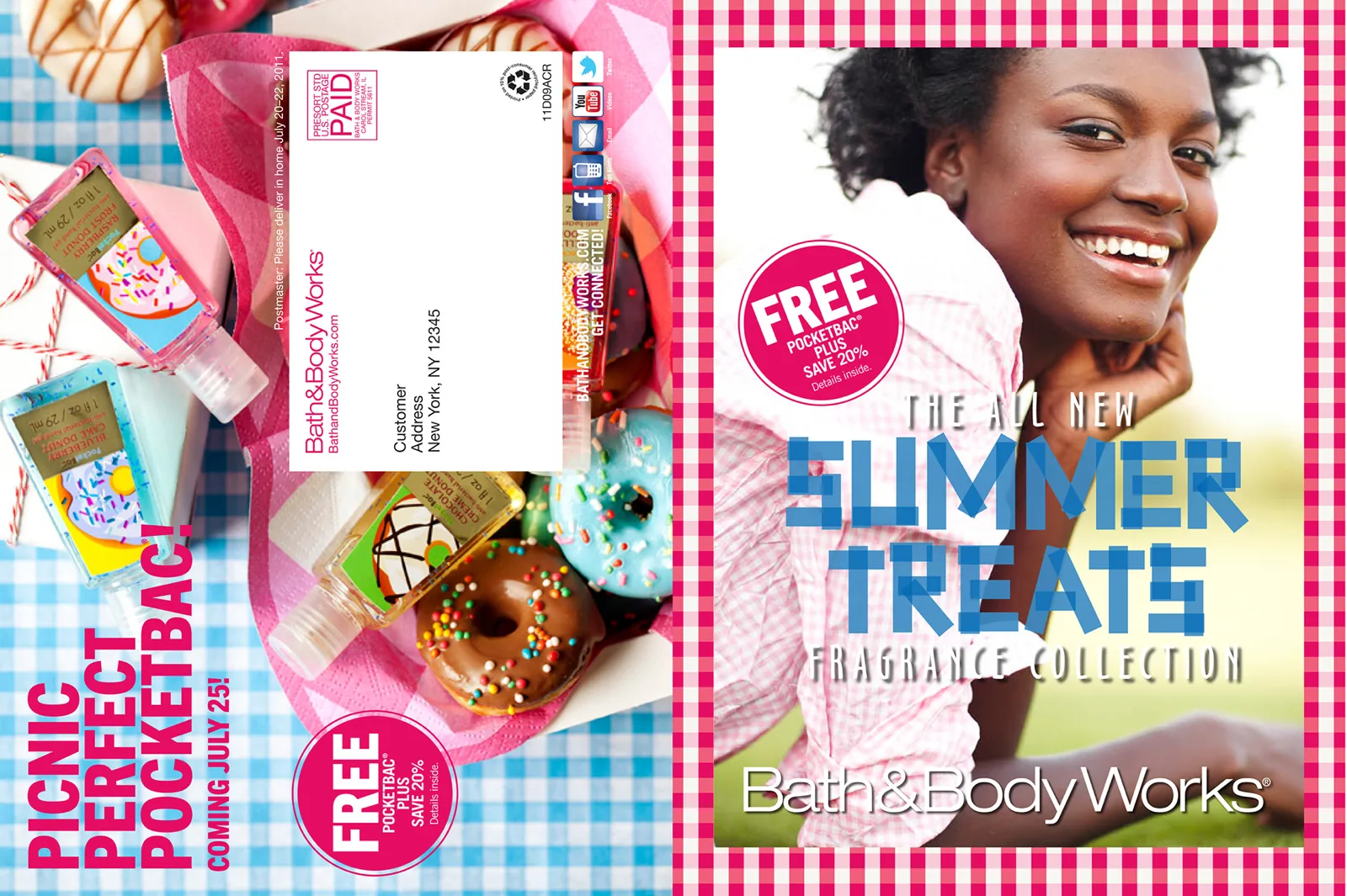 The direct mailer, address panel and cover, PocketBacs scattered over frosted donuts