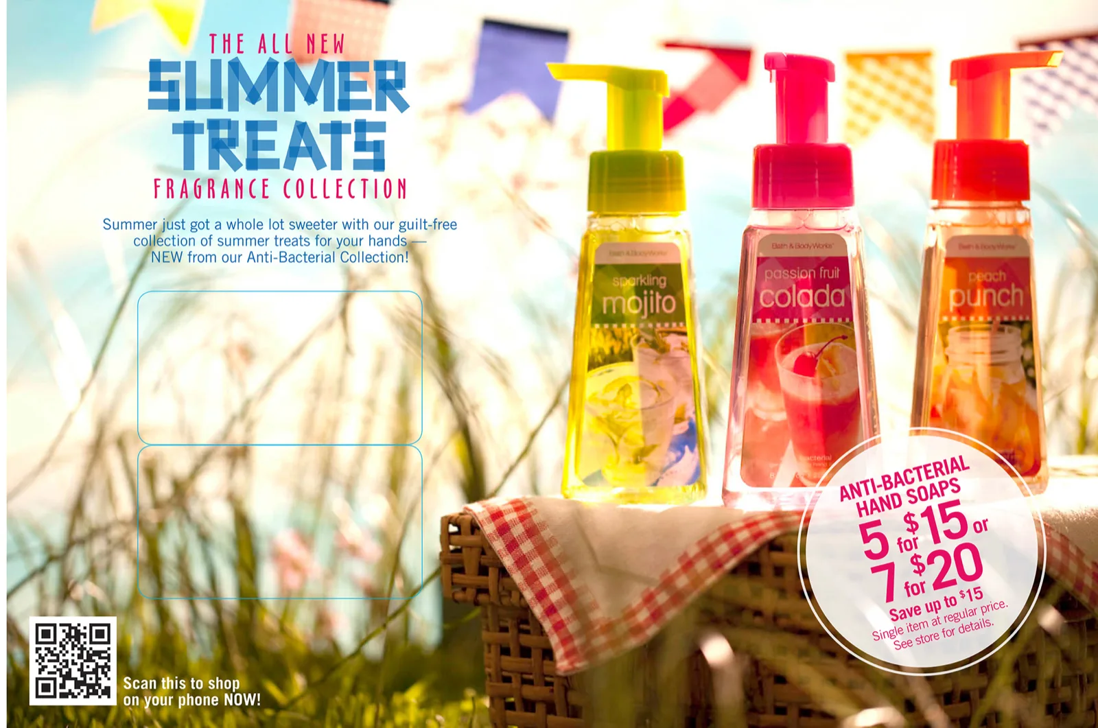 The Summer Picnic postcard, three hand soaps standing on a picnic basket in long grass