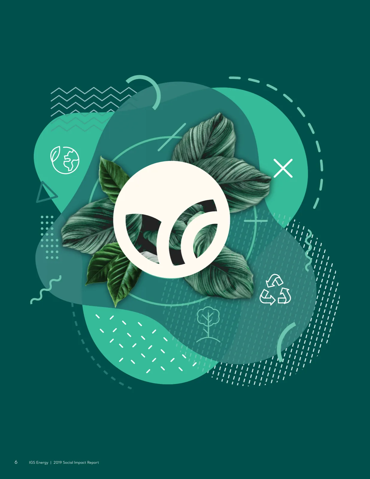 Leaves and cut-paper shapes arranged inside the mark, on deep green