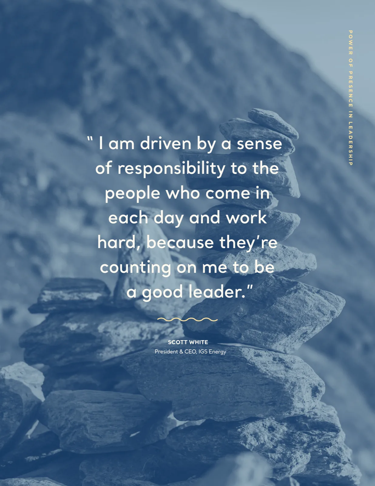 A stacked cairn in blue duotone, carrying a pull quote from the CEO
