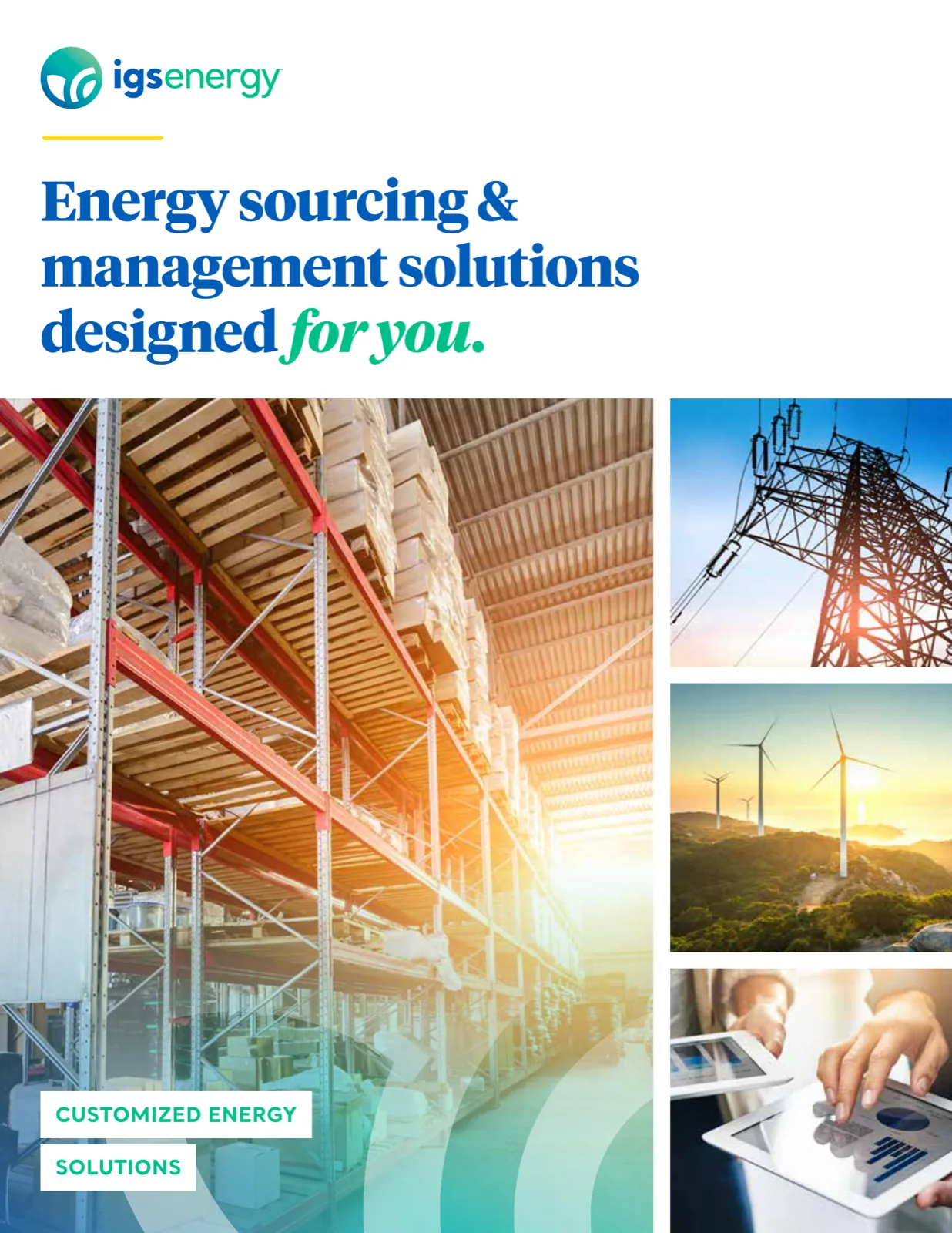 Brochure cover, a warehouse interior in warm light beside three stacked energy images