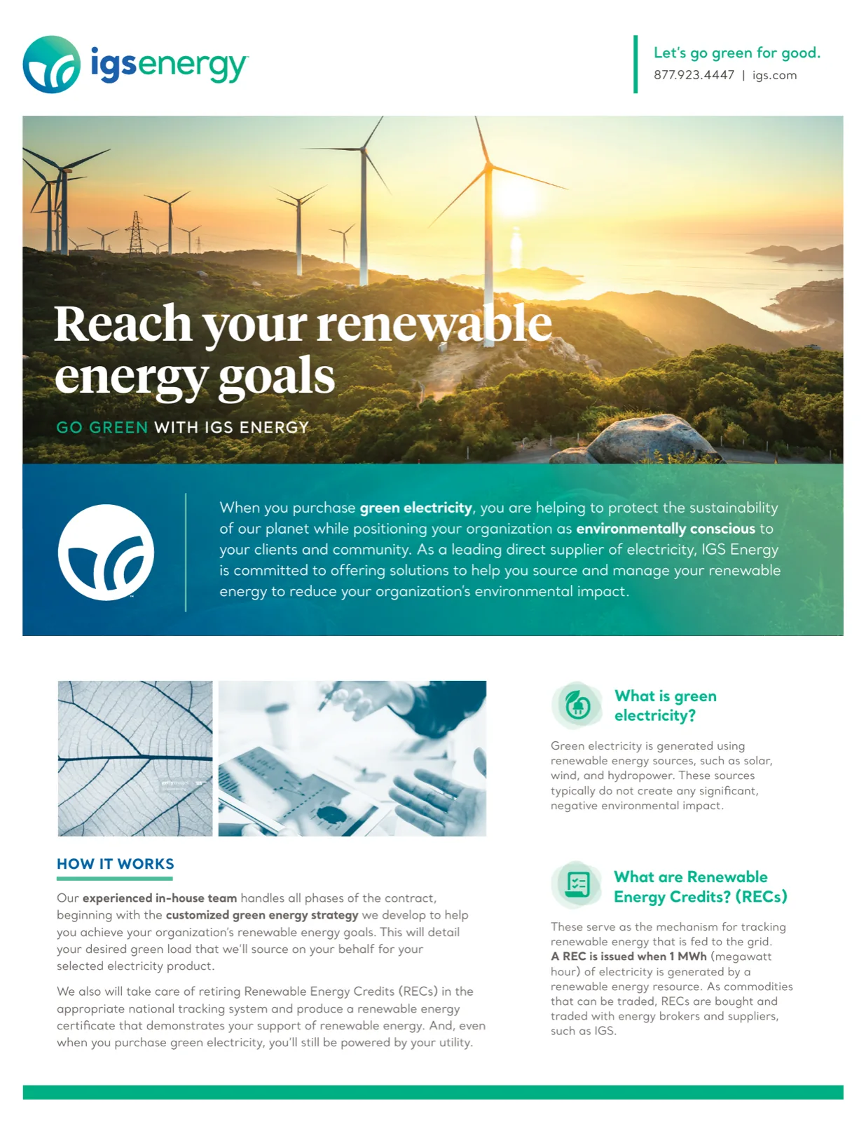One sheet with turbines on a green hillside under the line “Reach your renewable energy goals”
