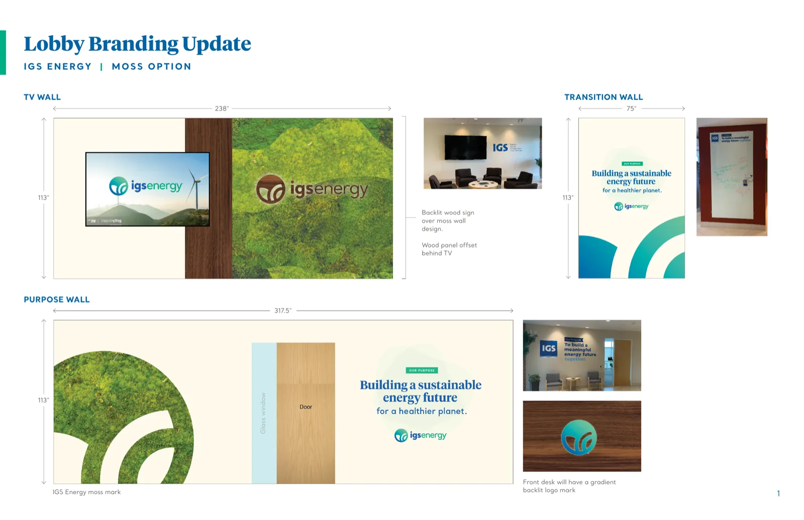 Wall elevations for the moss option, the mark grown in living green against wood