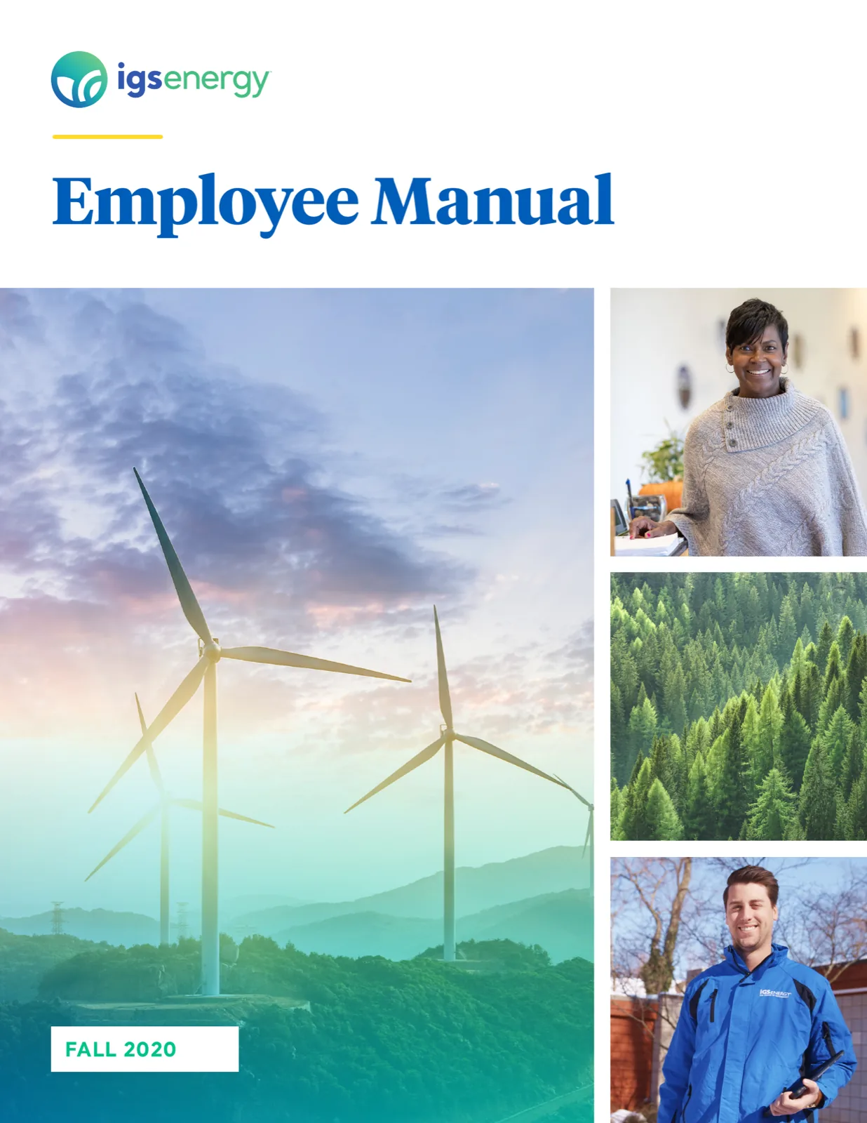 Manual cover, turbines on a lilac ridge beside portraits of two employees and a stand of pine