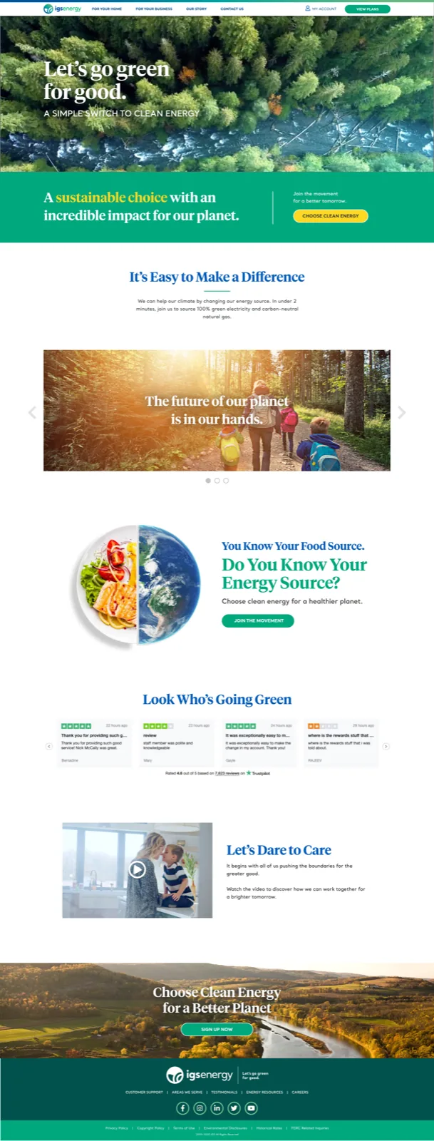 Homepage design, an aerial of forest and river under “Let’s go green for good”