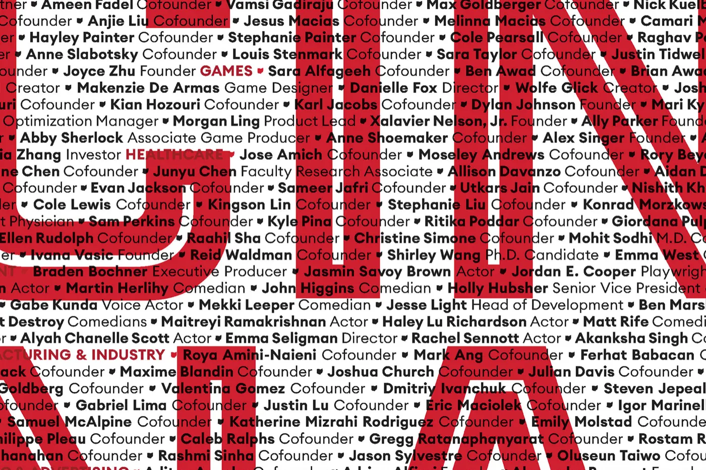 Close on the type, names in black and roles in grey running straight through the red letterforms