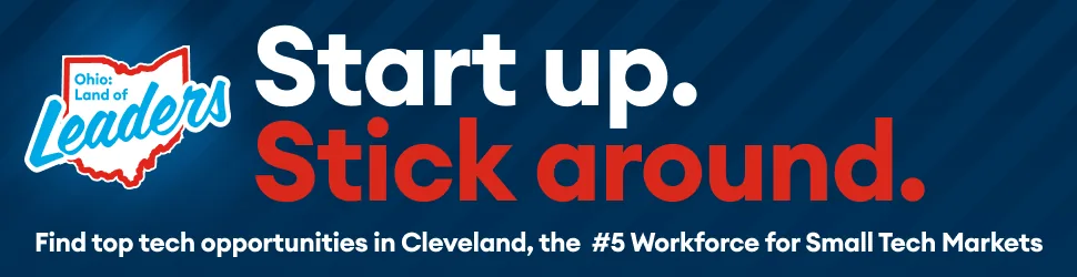 Banner reading “Start up. Stick around.” over a dark blue field