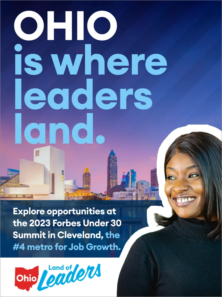 Vertical ad, a woman in a black turtleneck cut out against the same skyline